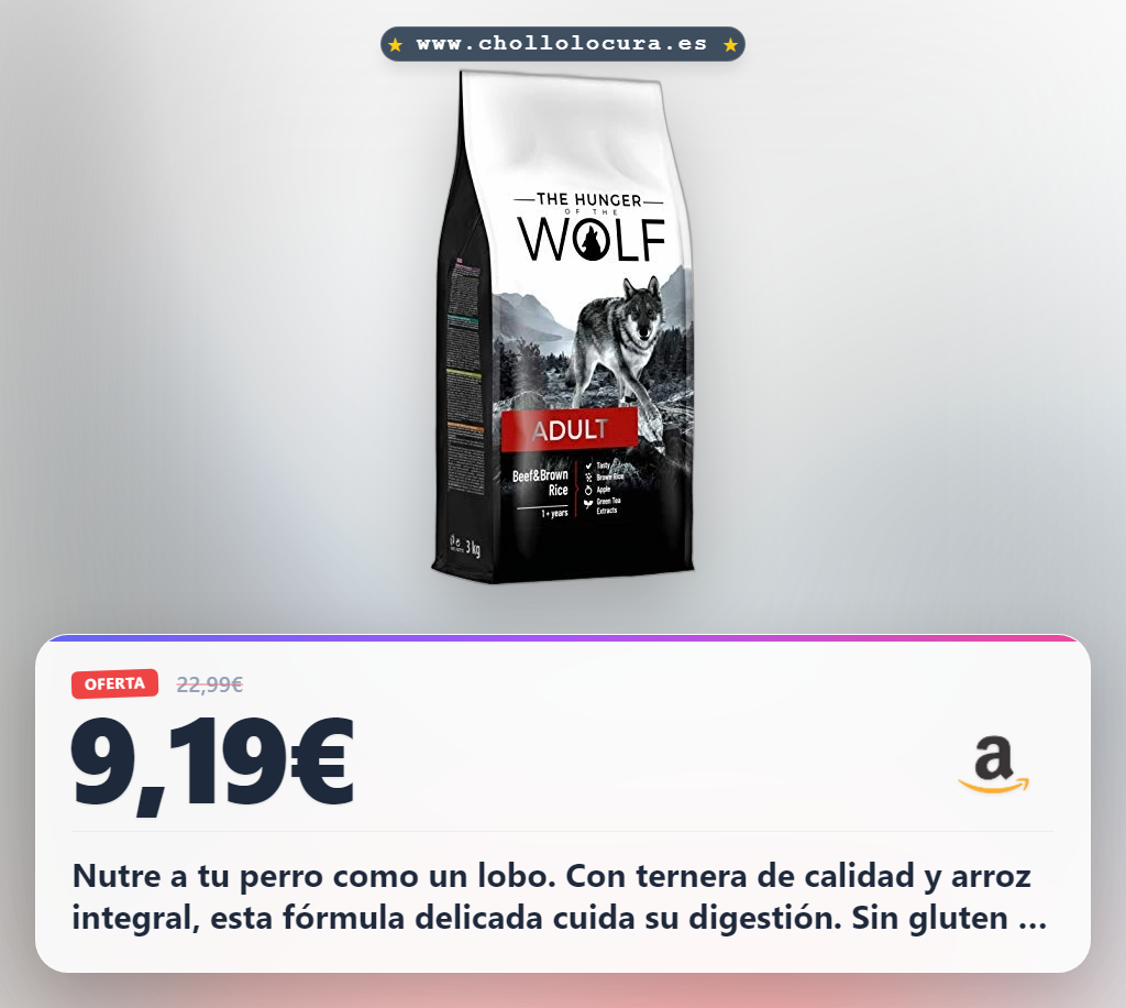 Nutre a tu perro como un lobo. Con ternera de calidad y arroz integral, esta fórmula delicada cuida su digestión. Sin gluten ni conservantes, solo lo natural para que tu mejor amigo esté sano y feliz.