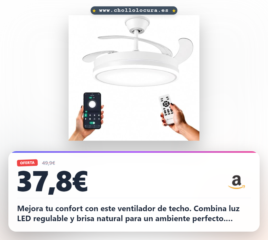 Consigue el ventilador de techo IluminaShop LED con APP. Disfruta de 6 velocidades y luz CCT regulable.