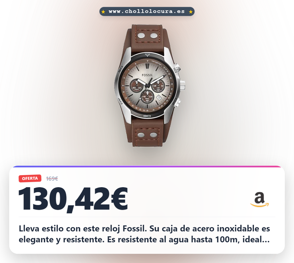 Lleva estilo con este reloj Fossil. Su caja de acero inoxidable es elegante y resistente. Es resistente al agua hasta 100m, ideal para nadar o hacer snorkel. Disfruta de la precisión del movimiento cronógrafo y la comodidad de la correa de piel auténtica.
