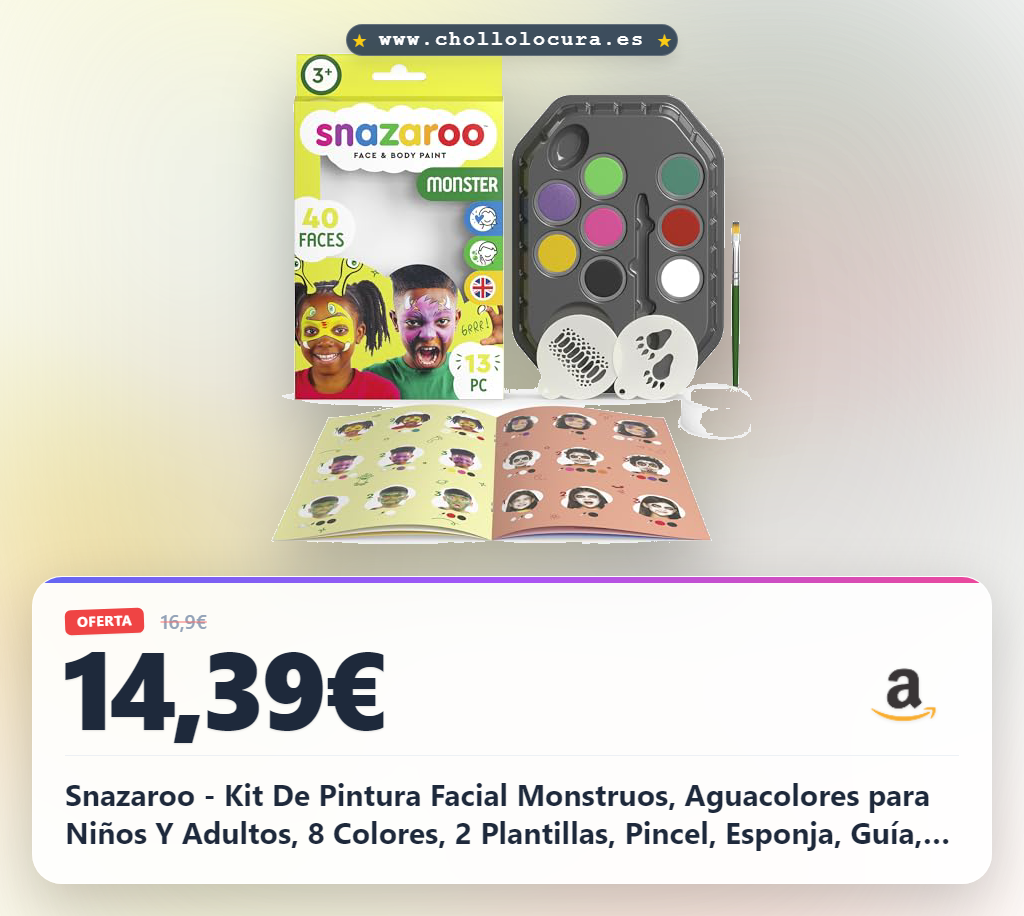 Snazaroo - Kit De Pintura Facial Monstruos, Aguacolores para Niños Y Adultos, 8 Colores, 2 Plantillas, Pincel, Esponja, Guía, Base Agua, Maquillaje Pintacaras