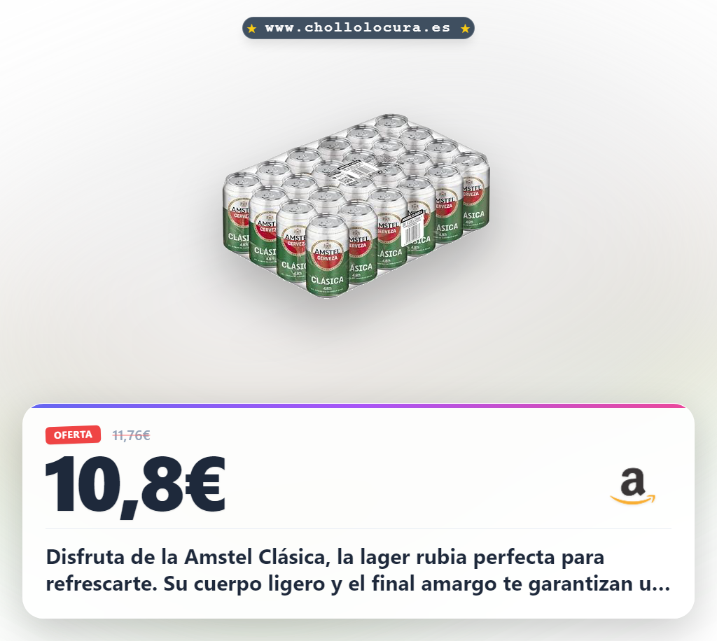 Aprovecha la oferta en Amstel Clásica Lager pack de 24 latas. Disfruta de esta cerveza rubia al mejor precio.