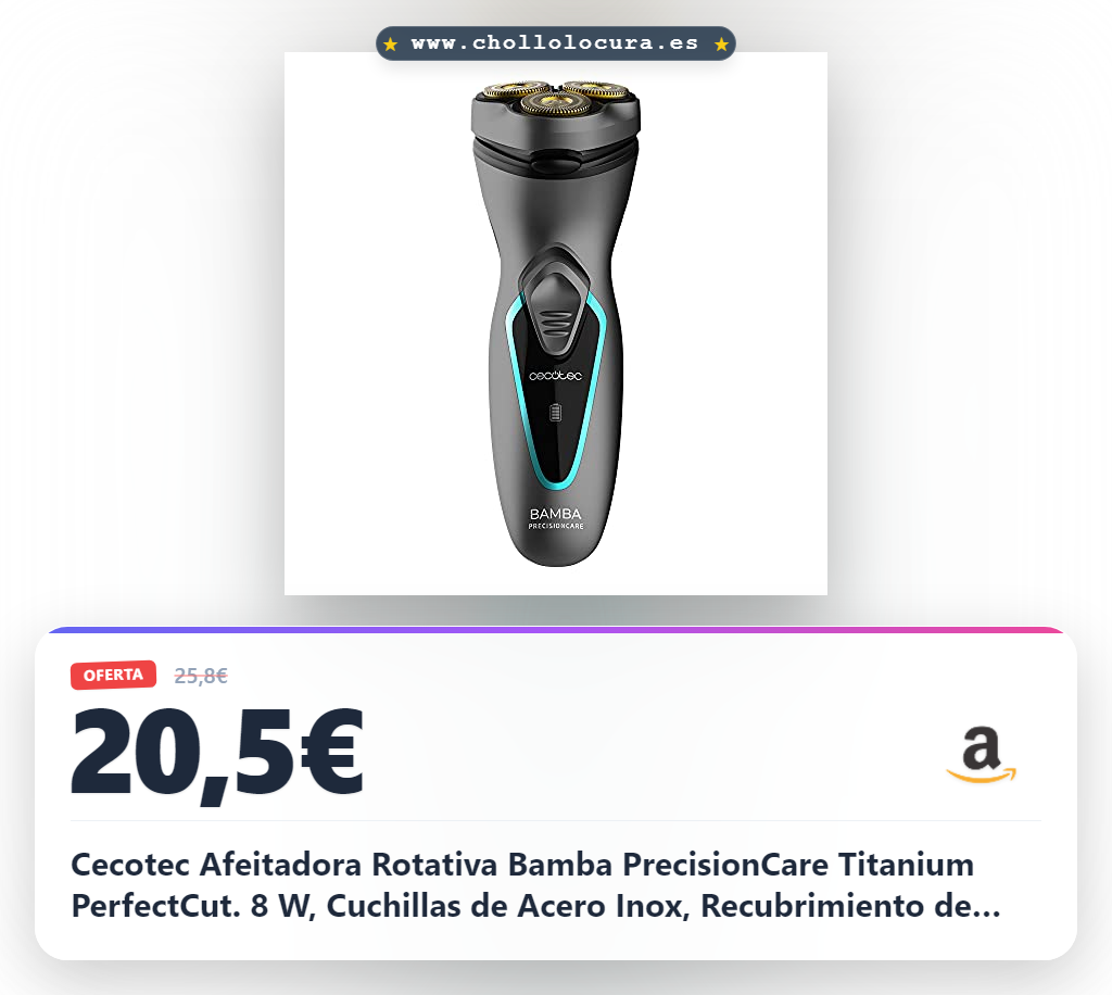 Cecotec Afeitadora Rotativa Bamba PrecisionCare Titanium PerfectCut. 8 W, Cuchillas de Acero Inox, Recubrimiento de Titanio, Cabezal 3D, Batería de litio, Autonomía 40 min