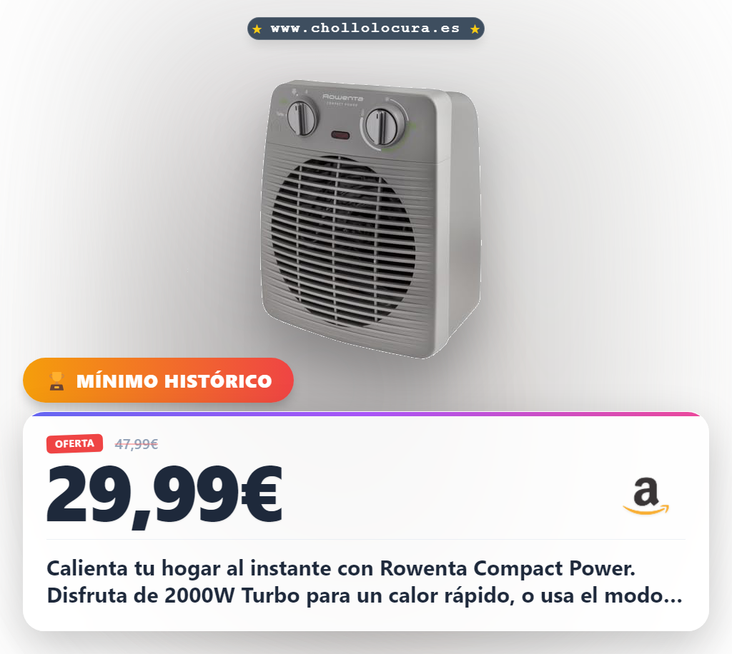 Ahorra con el calefactor Rowenta Compact Power SO2212. Potencia 2000W, calentamiento rápido y diseño compacto al mejor precio.