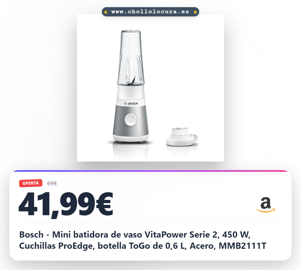 Bosch - Mini batidora de vaso VitaPower Serie 2, 450 W, Cuchillas ProEdge, botella ToGo de 0,6 L, Acero, MMB2111T