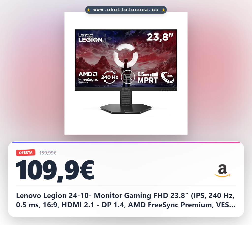 Lenovo Legion 24-10- Monitor Gaming FHD 23.8" (IPS, 240 Hz, 0.5 ms, 16:9, HDMI 2.1 - DP 1.4, AMD FreeSync Premium, VESA Adaptive Sync, Montaje VESA 100 mm, Ajuste Inclinación/Altura/Pivote/Giro) Negro