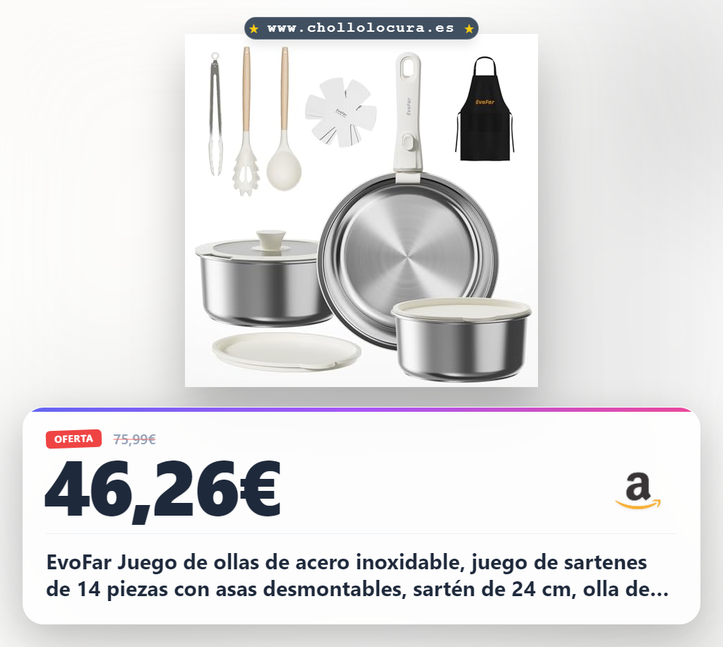 EvoFar Juego de ollas de acero inoxidable, juego de sartenes de 14 piezas con asas desmontables, sartén de 24 cm, olla de 18/20 cm, juego de ollas apilables para todo tipo de cocinas (plata)