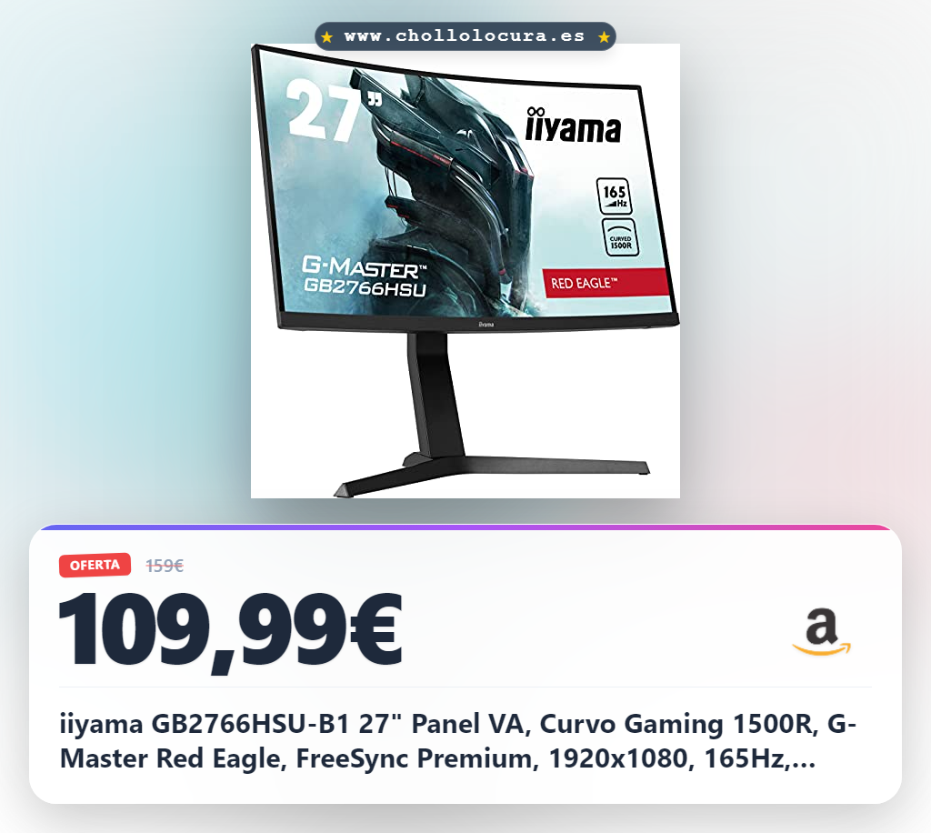 iiyama GB2766HSU-B1 27" Panel VA, Curvo Gaming 1500R, G-Master Red Eagle, FreeSync Premium, 1920x1080, 165Hz, 250cd/m², DisplayPort, 2xHDMI, 1ms MPRT, Altavoces, USB-HUB (2x2.0), Black Tuner