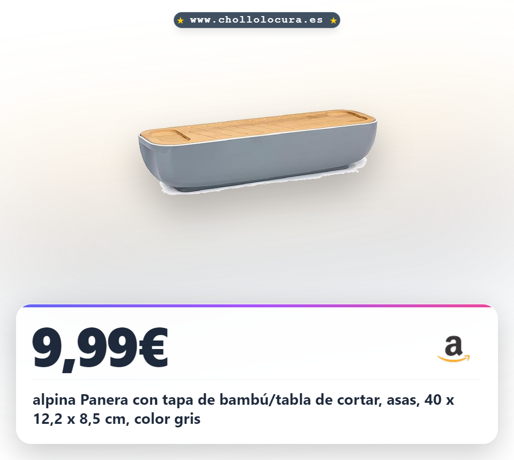 alpina Panera con tapa de bambú/tabla de cortar, asas, 40 x 12,2 x 8,5 cm, color gris