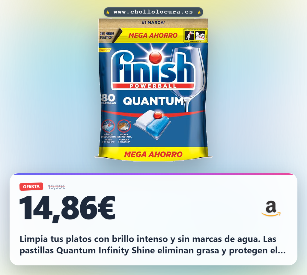 Limpia tus platos con brillo intenso y sin marcas de agua. Las pastillas Quantum Infinity Shine eliminan grasa y protegen el cristal. Ahorra agua y disfruta de una vajilla impecable. Higieniza tu lavavajillas y elimina los malos olores fácilmente.