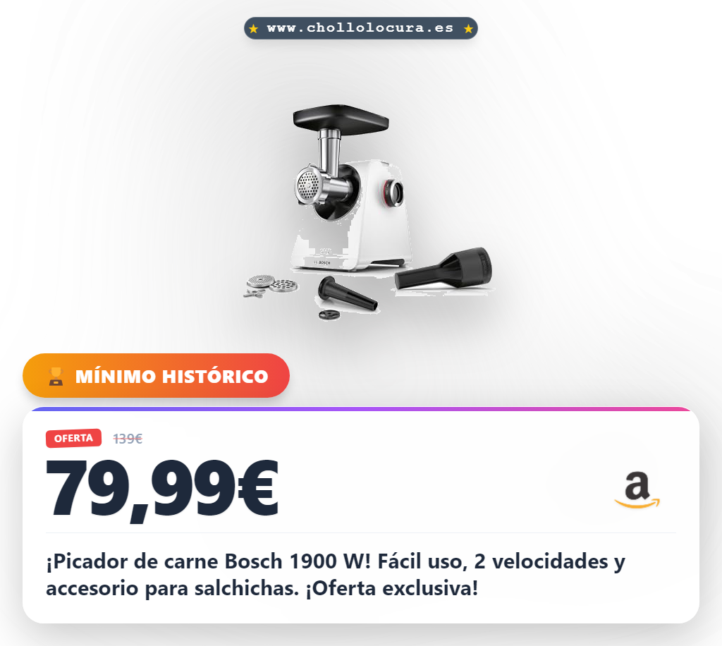 ¡Picador de carne Bosch 1900 W! Fácil uso, 2 velocidades y accesorio para salchichas. ¡Oferta exclusiva!
