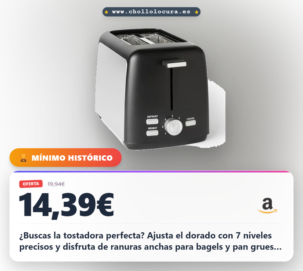 Consigue la tostadora 2 rebanadas con ranuras anchas para pan y bagels. Aprovecha este modelo con 7 ajustes a precio de chollo.