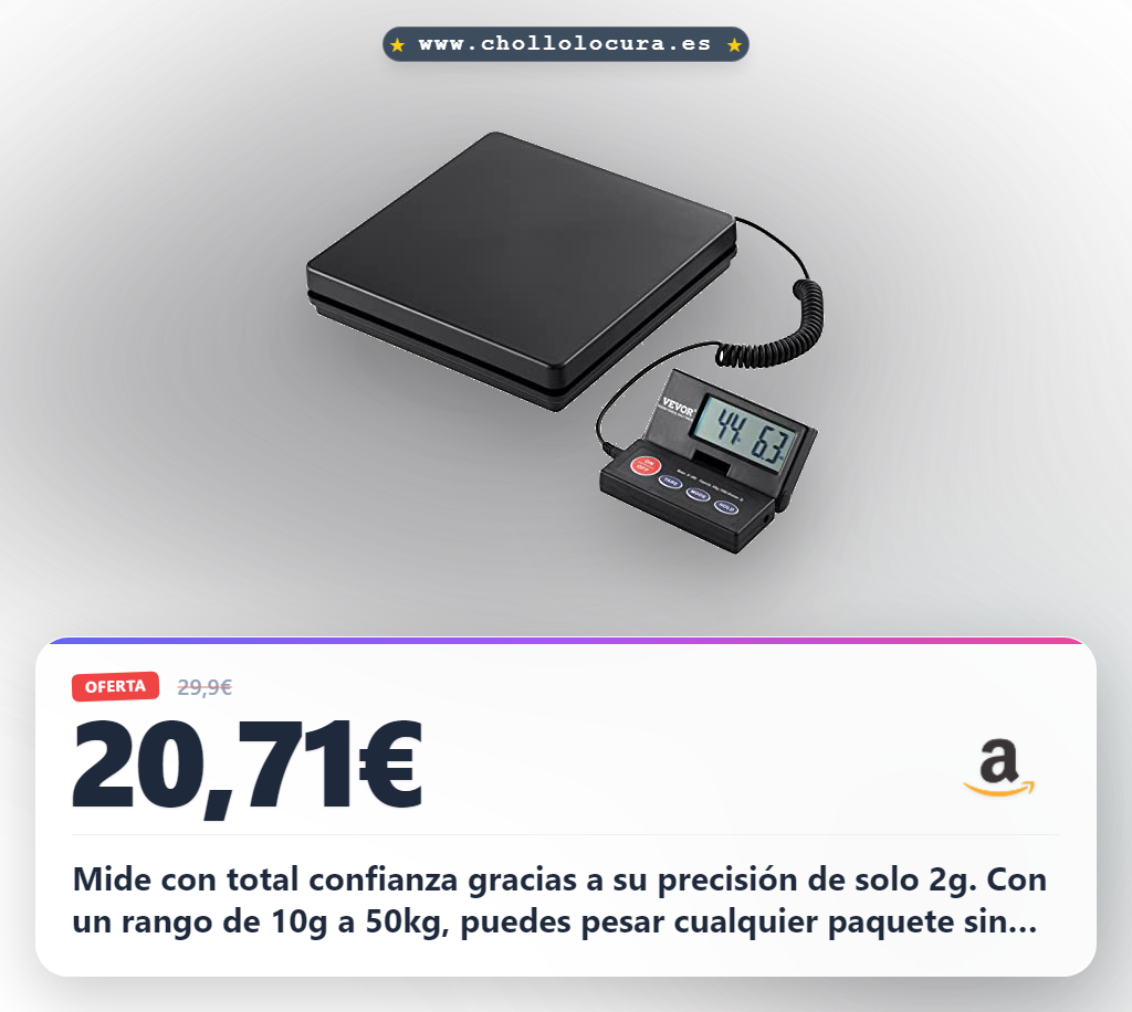 Aprovecha la balanza digital VEVOR de 10g a 50kg con precisión de 2g y pantalla plegable en oferta histórica para envíos postales