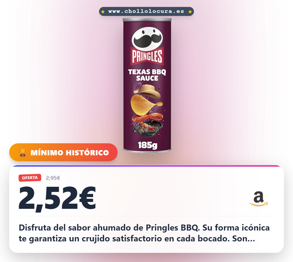 Aprovecha las Pringles BBQ sabor ahumado con tubo resealable y crujido perfecto.