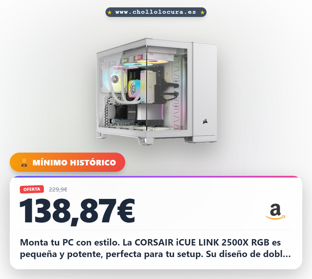 Encuentra la caja CORSAIR iCUE LINK 2500X RGB pequeña con doble cámara y ventiladores RX120 a precio de chollo