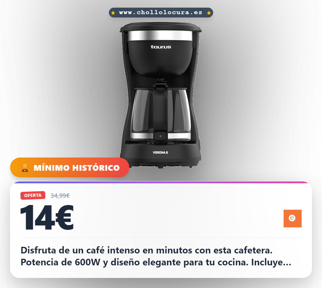 Aprovecha la cafetera de goteo Verona 600W con tecnología Intense Flavour y diseño compacto negro mate