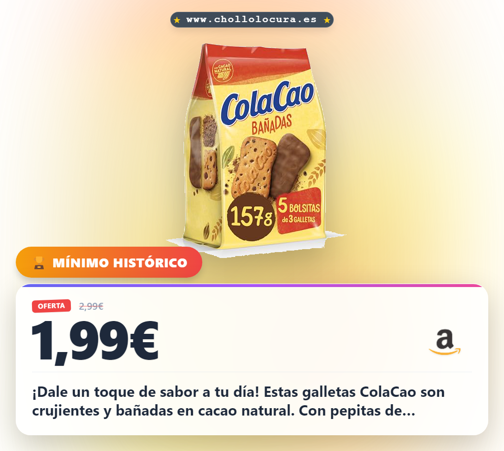 Aprovecha las galletas ColaCao crujientes bañadas en cacao y pepitas de chocolate en 5 packs. Disfruta de este snack práctico.