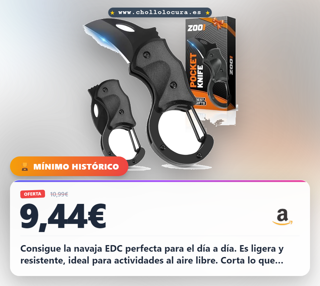 Consigue la navaja EDC perfecta para el día a día. Es ligera y resistente, ideal para actividades al aire libre. Corta lo que necesites con facilidad y lleva tu equipo de supervivencia contigo siempre.