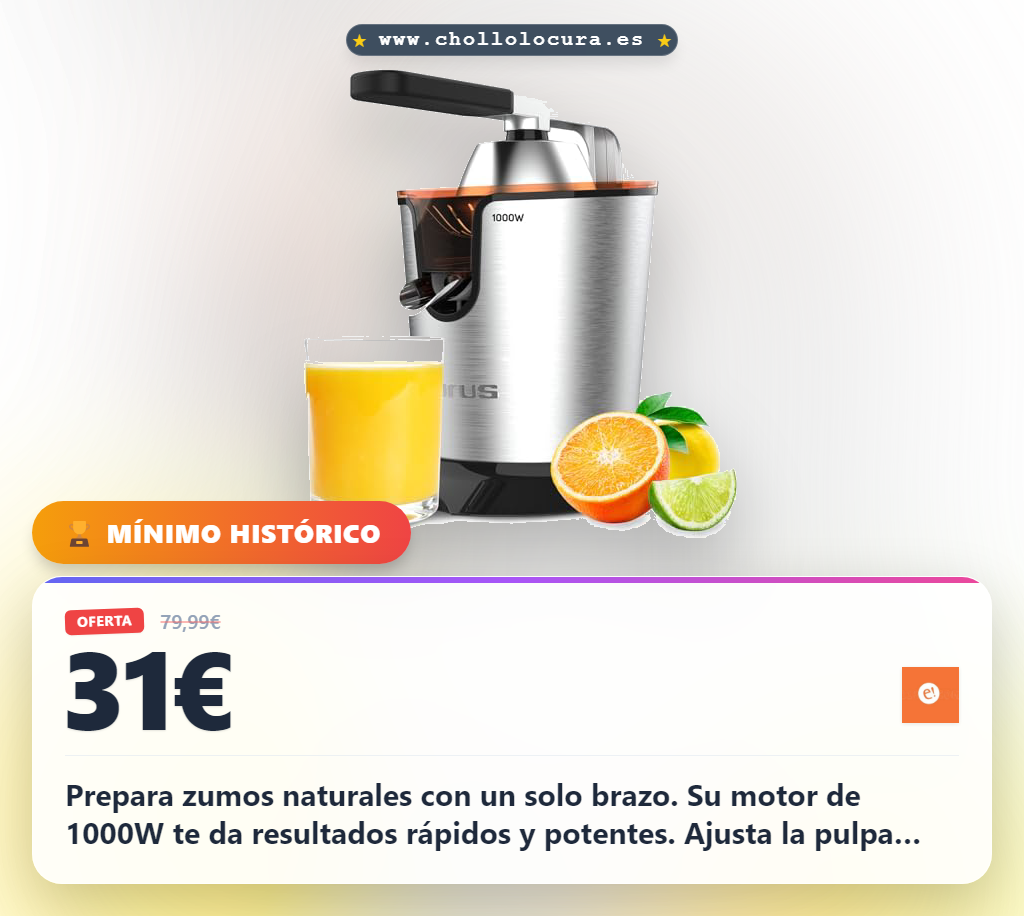 Aprovecha el exprimidor eléctrico de brazo Taurus 1000W para zumos naturales con pulpa ajustable a precio de chollo