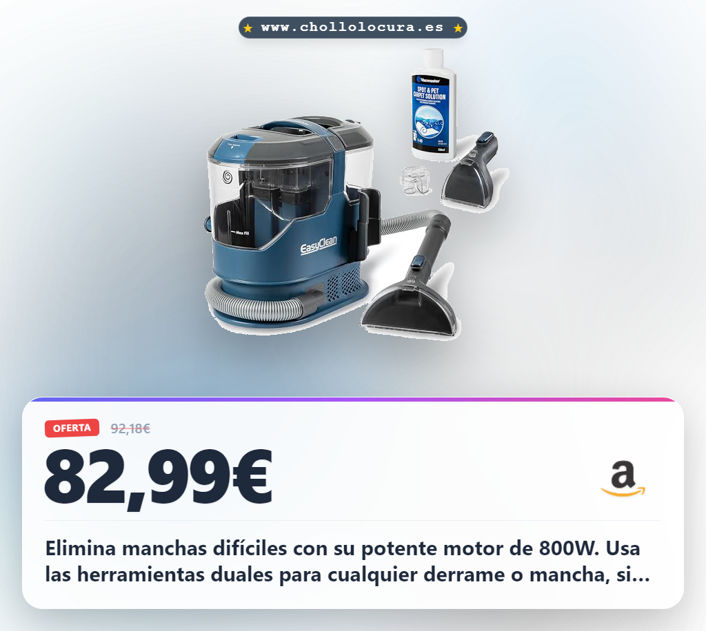 Consigue el limpiador Vacmaster 800W. Elimina manchas difíciles con herramientas duales y fórmula.