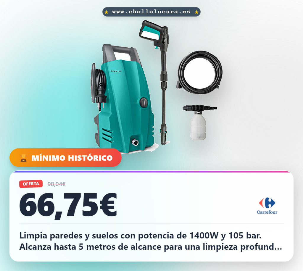 Aprovecha la hidrolimpiadora Taurus 1400W con 105bar para limpiar paredes y suelos al mejor precio