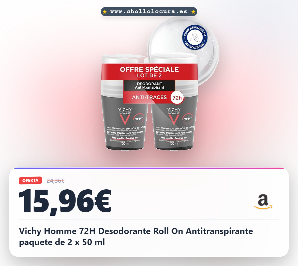 Ahorra con el Paquete de 2 x Vichy Homme Desodorante Roll On Antitranspirante 72H al mejor precio en oferta