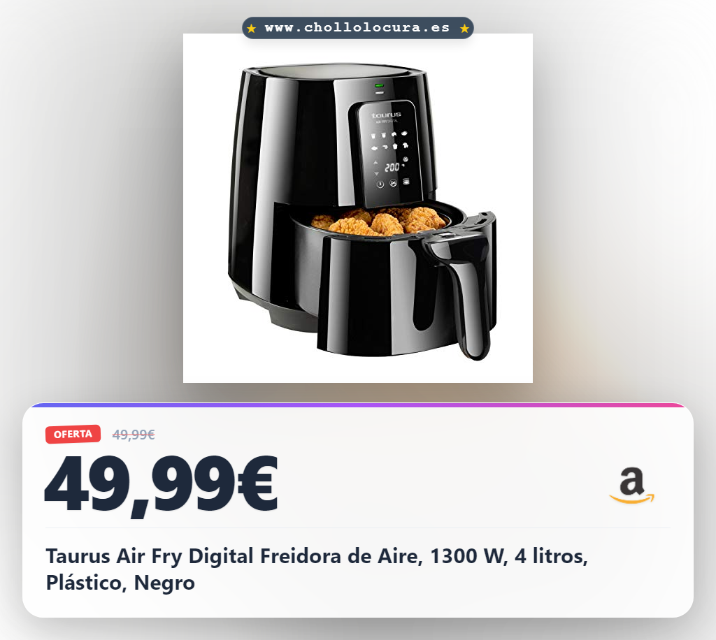 Taurus Air Fry Digital Freidora de Aire, 1300 W, 4 litros, Plástico, Negro