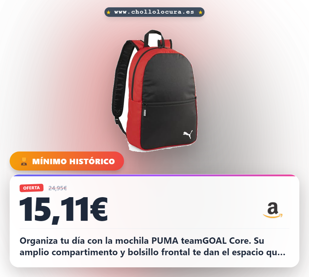 Adquiere la Mochila PUMA teamGOAL Core versátil: amplio compartimento y correas ajustables al mejor precio en oferta.