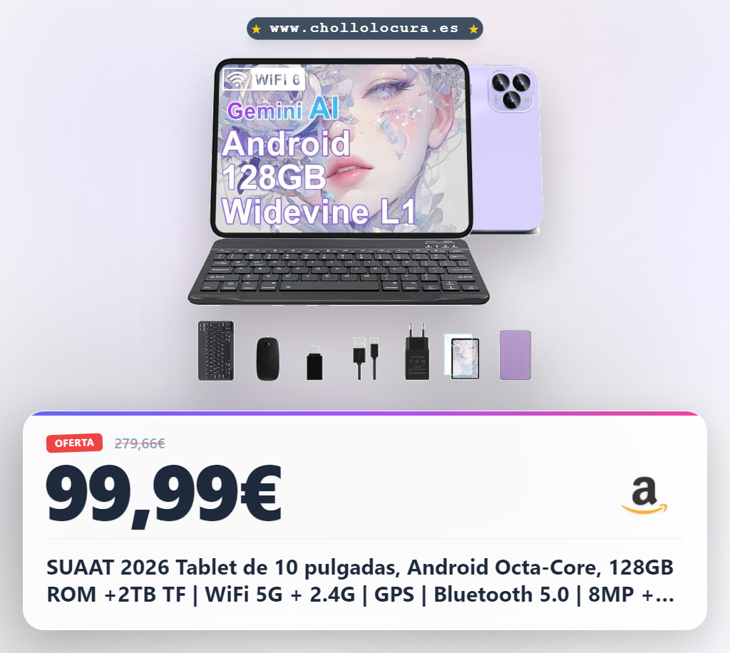 SUAAT 2026 Tablet de 10 pulgadas, Android Octa-Core, 128GB ROM +2TB TF | WiFi 5G + 2.4G | GPS | Bluetooth 5.0 | 8MP + 5MP | Tipo-C, pantalla táctil, teclado y ratón – púrpura