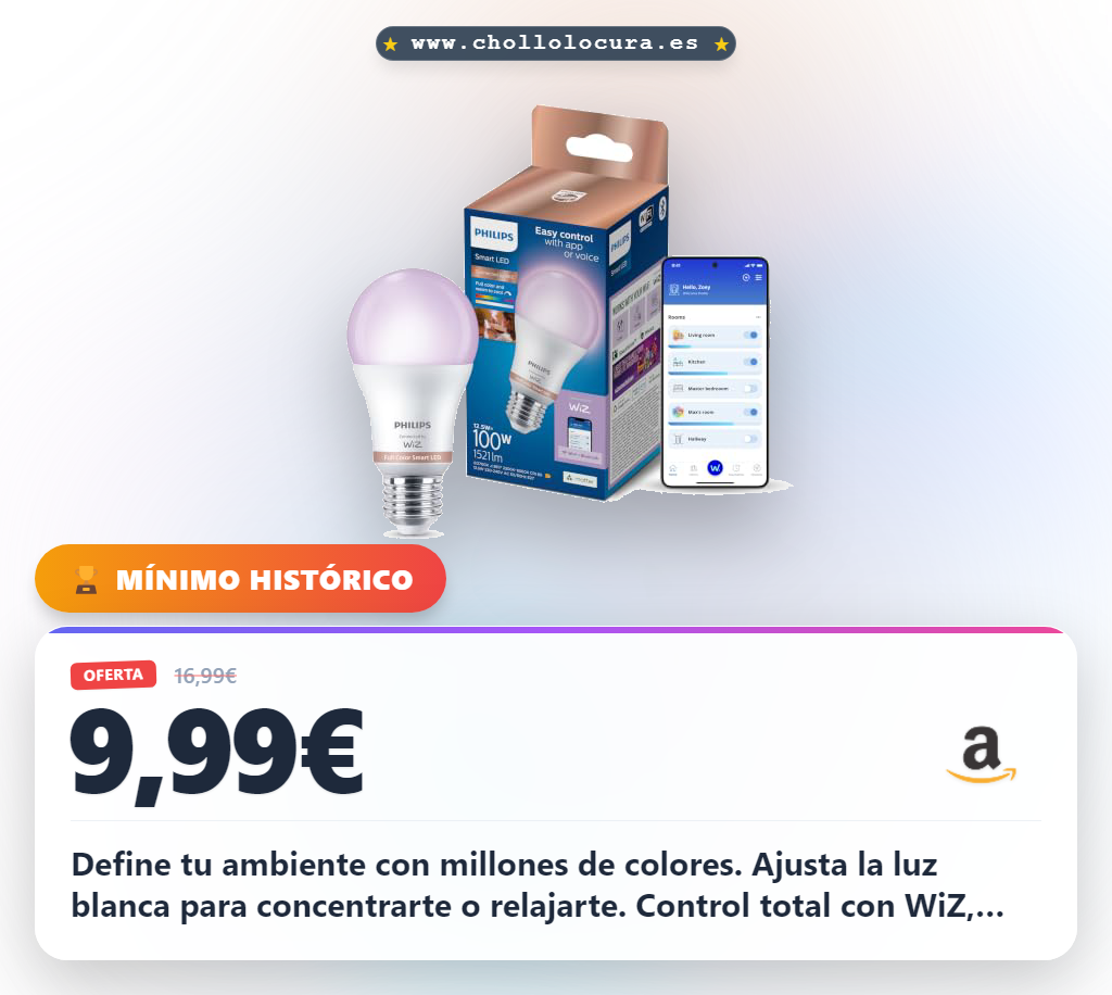 Descubre la bombilla inteligente Philips LED RGB A60 con control de color y blanco ajustable al mejor precio