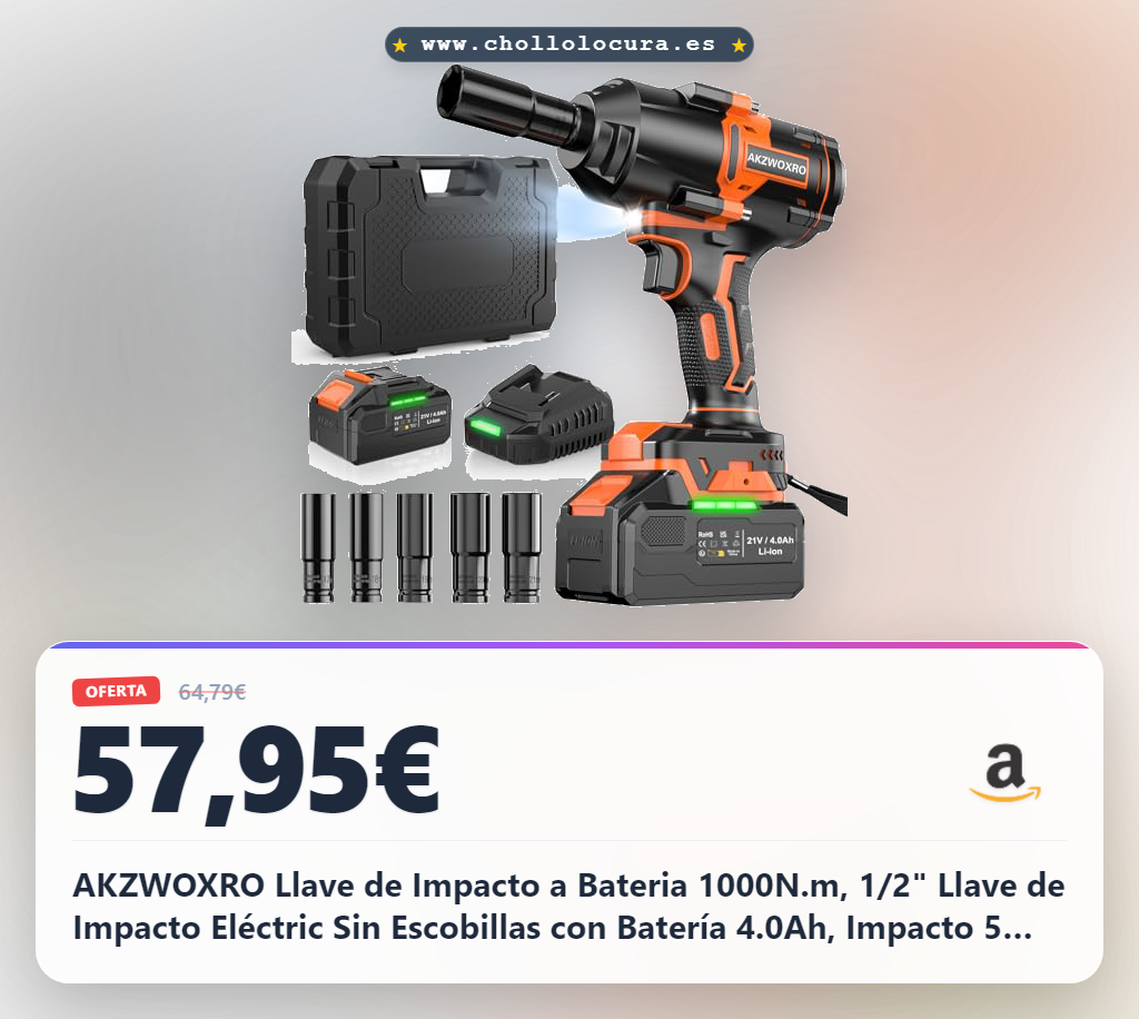 AKZWOXRO Llave de Impacto a Bateria 1000N.m, 1/2" Llave de Impacto Eléctric Sin Escobillas con Batería 4.0Ah, Impacto 5 Casquillos, Potencia Llave de Impacto Inalámbrica para Casa/Coche