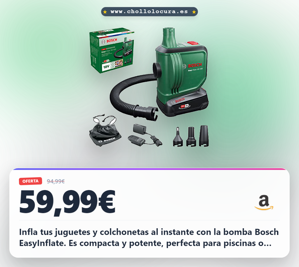 Logra inflar tu piscina o colchoneta con la bomba Bosch EasyInflate 18V-500 a precio de chollo al mejor valor en oferta histórica para ti.