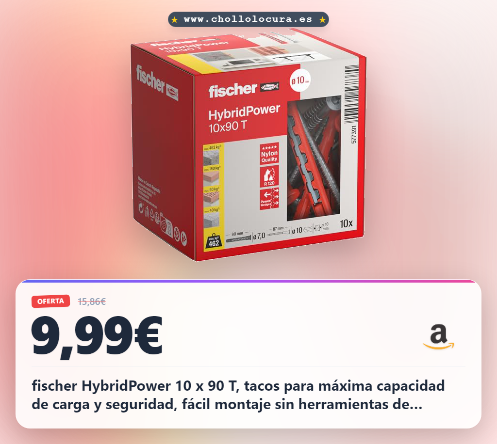 fischer HybridPower 10 x 90 T, tacos para máxima capacidad de carga y seguridad, fácil montaje sin herramientas de montaje, universal para materiales perforados y sólidos, mampostería, hormigón