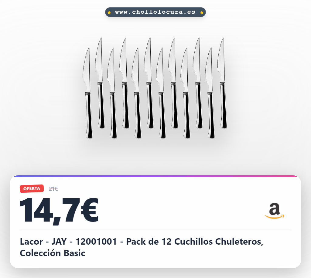 Lacor - JAY - 12001001 - Pack de 12 Cuchillos Chuleteros, Colección Basic