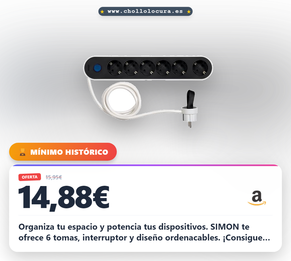 Ahorra en la Regleta de Enchufes SIMON PLUG: 6 tomas, 1,4m de cable y diseño ordenacables a precio de chollo