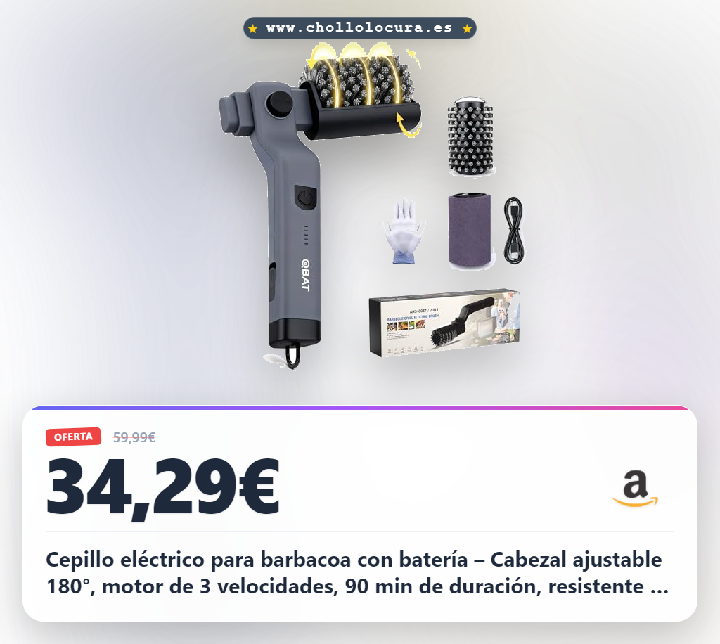 Aprovecha el cepillo eléctrico para barbacoa con cabezal ajustable 180° y acero inoxidable en oferta histórica