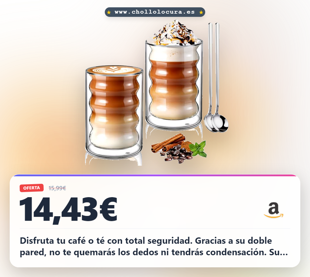 Aprovecha este juego de 2 tazas de café de cristal ecooe de doble pared. Diseño curvo y elegante para té y latte al mejor precio.