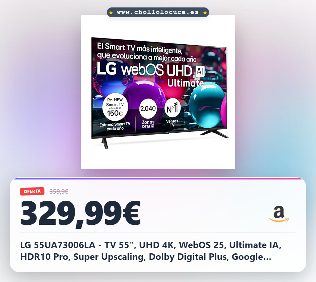 LG 55UA73006LA - TV 55", UHD 4K, WebOS 25, Ultimate IA, HDR10 Pro, Super Upscaling, Dolby Digital Plus, Google Assistant, Negro