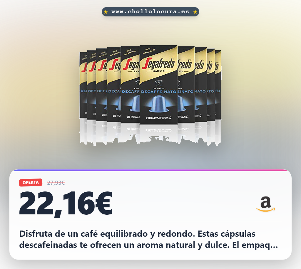 Disfruta el café Segafredo Zanetti descafeinado en oferta. 100 cápsulas de aluminio para Nespresso a precio de chollo