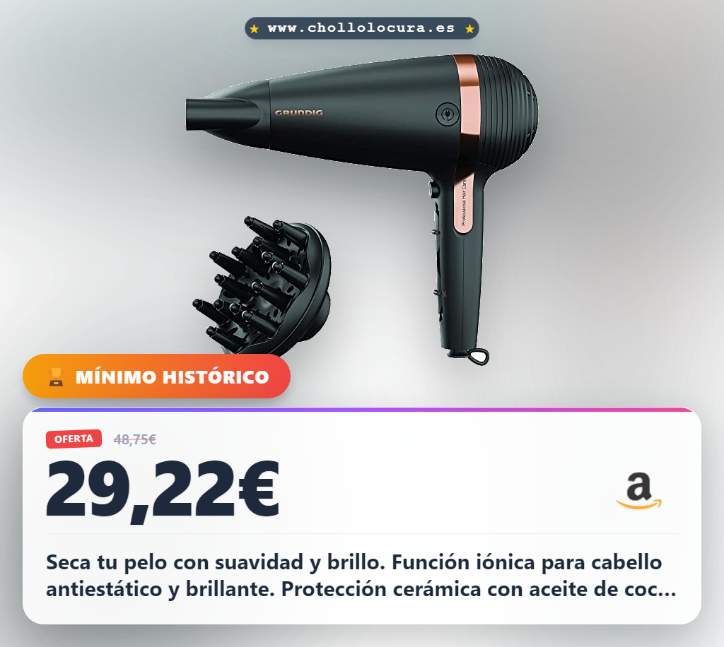 Disfruta de un cabello brillante y antiestático con el secador GRUNDIG Naturashine HD 7081, iónico y protección cerámica al mejor precio.