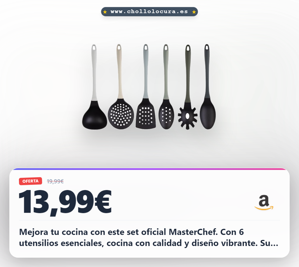 Aprovecha este set de 6 utensilios MasterChef oficiales. Cucharas, espátula y cazo resistente al calor a precio de chollo.