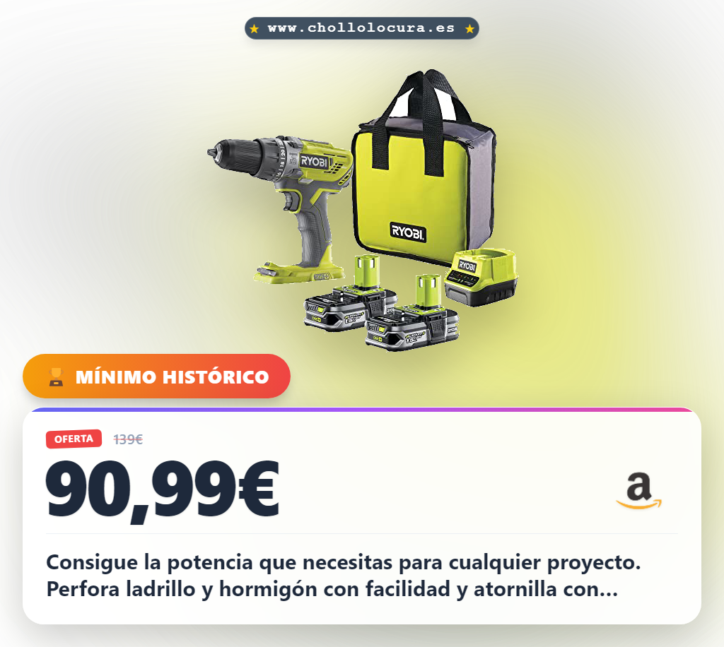 Consigue el taladro inalámbrico RYOBI 18V ONE+ con 2 baterías y bolsa en oferta histórica