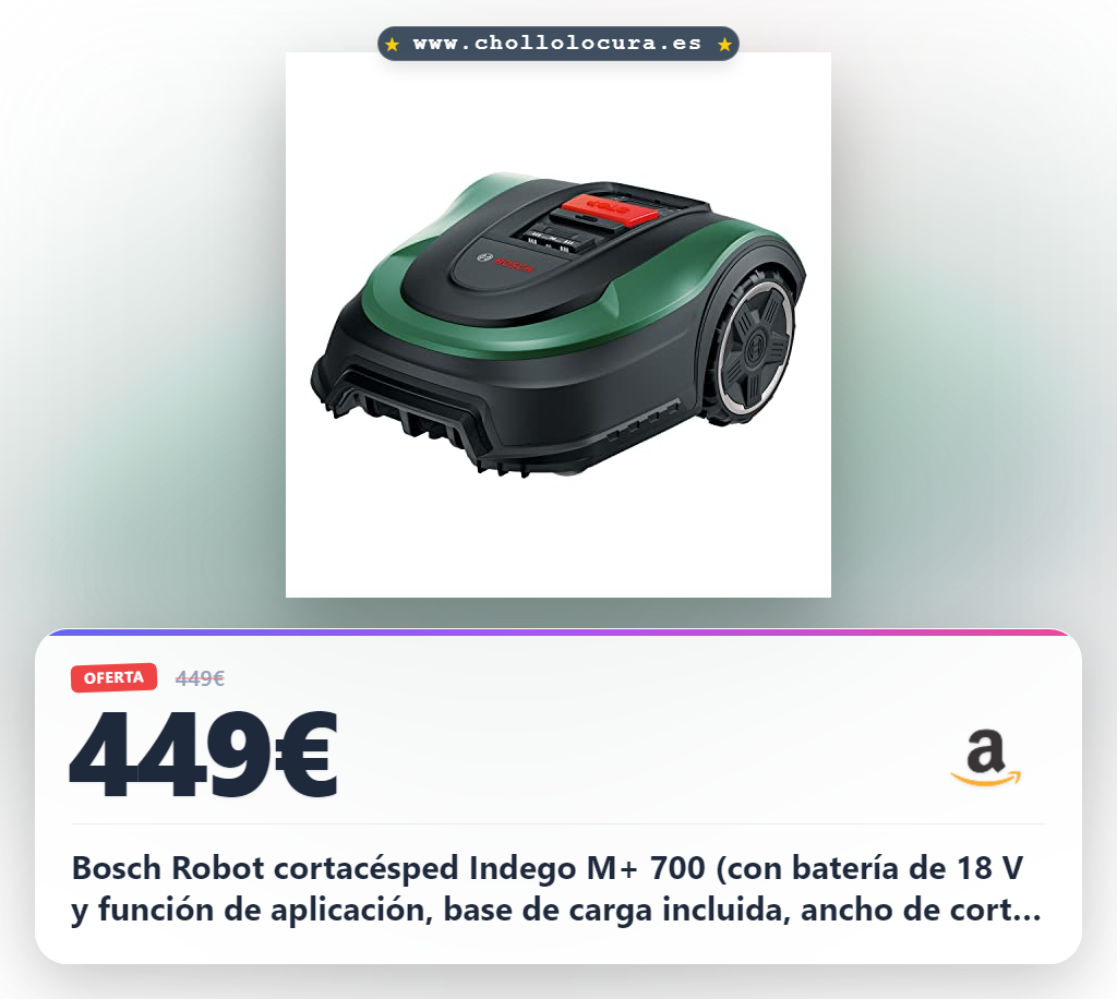 Bosch Robot cortacésped Indego M+ 700 (con batería de 18 V y función de aplicación, base de carga incluida, ancho de corte de 19 cm, para áreas de césped de hasta 700 m² y en caja de cartón)