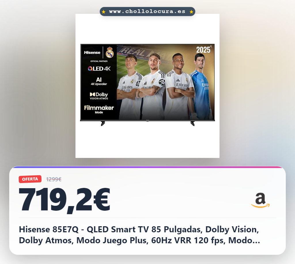 Hisense 85E7Q - QLED Smart TV 85 Pulgadas, Dolby Vision, Dolby Atmos, Modo Juego Plus, 60Hz VRR 120 fps, Modo Deportes, Monvimiento Suave IA, Bluetooth y HDMI 2.1, Control por Voz Alexa