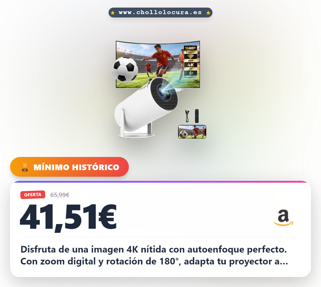 Aprovecha este mini proyector 4K portátil con 180 grados de rotación y sonido envolvente en oferta histórica para cine en casa