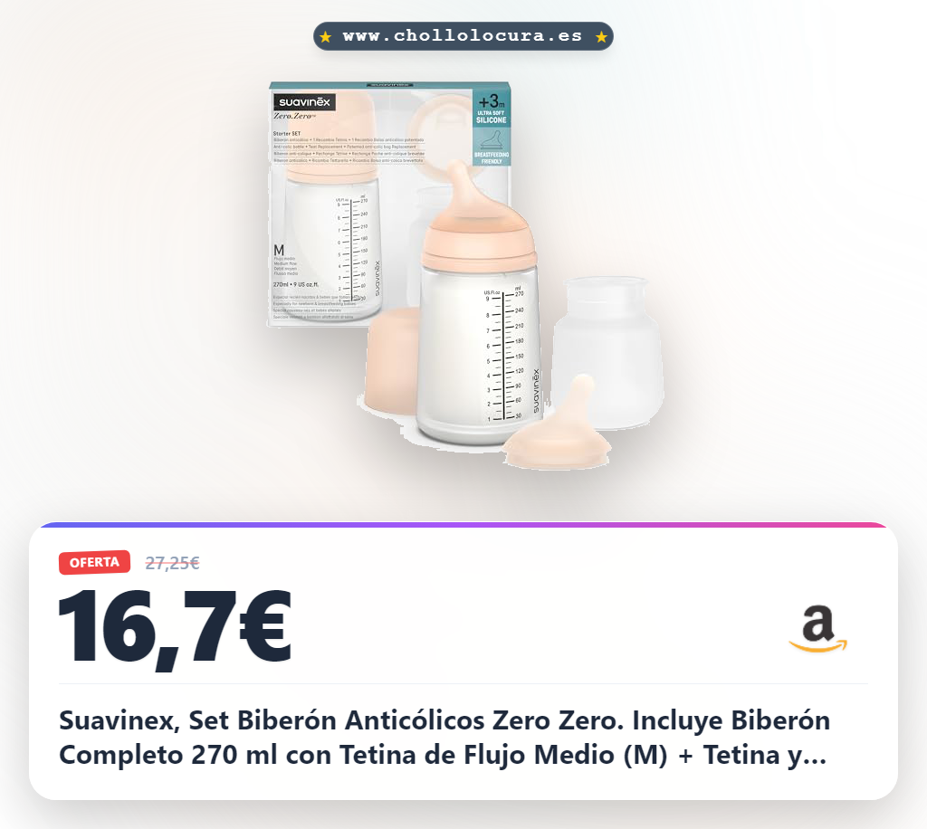 Suavinex, Set Biberón Anticólicos Zero Zero. Incluye Biberón Completo 270 ml con Tetina de Flujo Medio (M) + Tetina y Bolsa Interior de recambio