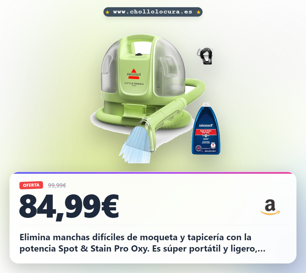 Obtén el limpiador BISSELL Little Green Mini portátil para moquetas y tapicería. Elimina manchas difíciles con Spot & Stain Pro Oxy.