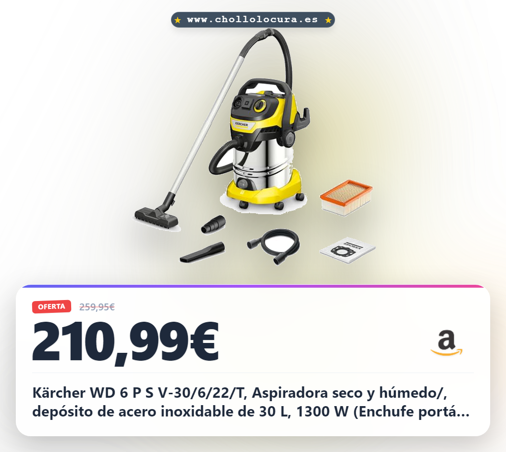 Aprovecha la aspiradora Kärcher WD 6 PS V-30 con depósito de acero inoxidable y función de soplado al mejor precio