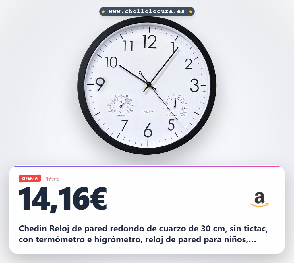 Chedin Reloj de pared redondo de cuarzo de 30 cm, sin tictac, con termómetro e higrómetro, reloj de pared para niños, dormitorio (1, negro, 12 pulgadas)