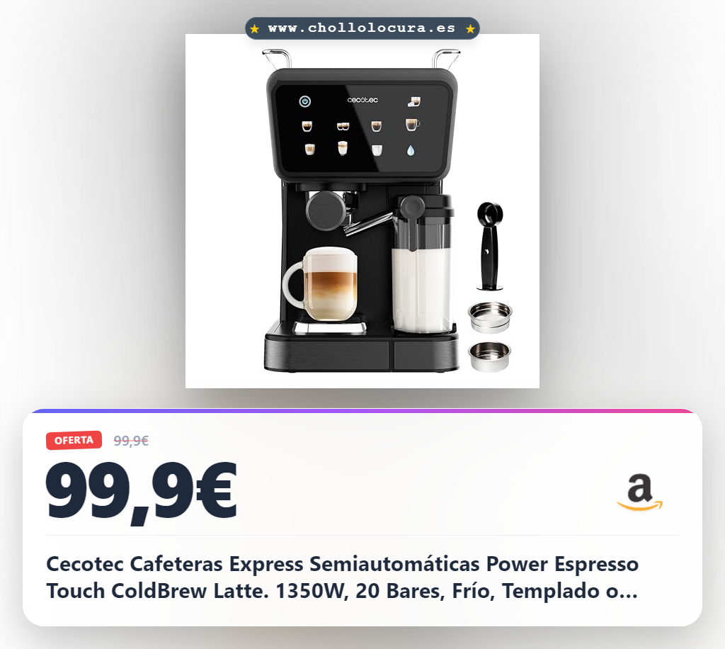Cecotec Cafeteras Express Semiautomáticas Power Espresso Touch ColdBrew Latte. 1350W, 20 Bares, Frío, Templado o Caliente, Pantalla Táctil, 1.5L Depósito Agua, 500ml Depósito Leche, Doble Brazo