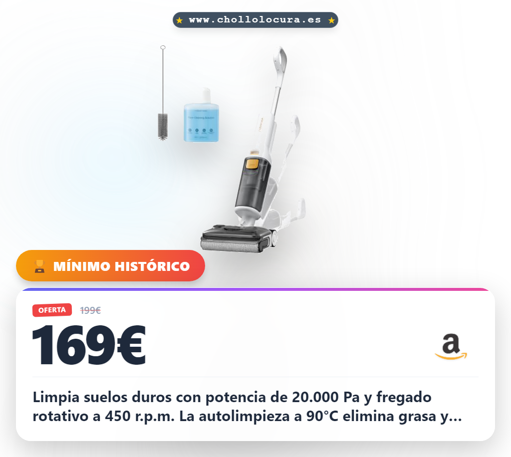 Aprovecha la aspiradora-fregona 20000 Pa con autolimpieza a 90°C y diseño plano en oferta histórica
